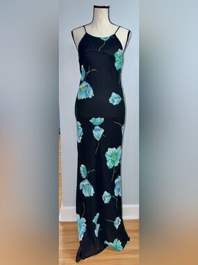 Vintage Groove USA Maxi Dress L Black Blue Floral Y2K 90s Slip Dress